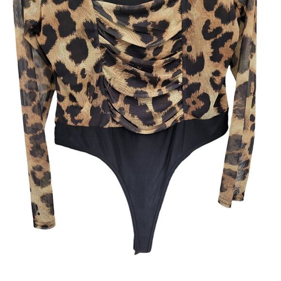 Nasty Gal Bodysuit Leotard Long Sleeve Square Neck Ruched Leopard Brown Sz 14 - Picture 5 of 7